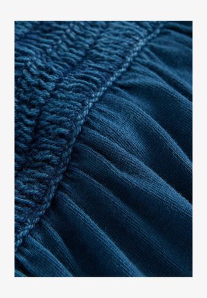 Pletená tkanina v tmavě modré barvě s různými texturami; obsahuje hladkou, plochou část vedle texturované, nahrnuté oblasti.