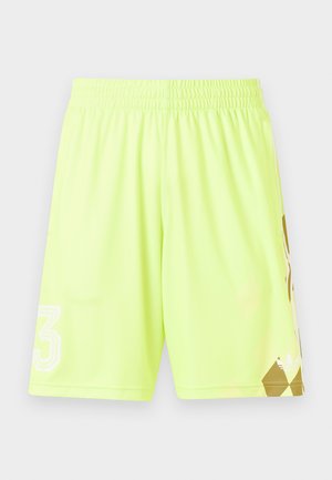 Neon yellow athletic shorts with elastic waistband, featuring a white "3" logo and gold geometric pattern on the lower right side.