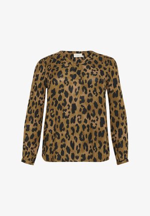 Bluse mit Leopardenmuster, braunem Hintergrund, schwarzen Punkten, langen Ärmeln, V-Ausschnitt und einer leicht lockeren Passform. Das Material sieht glatt aus.