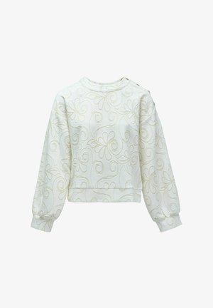 Bela puloverjasta majica z embosiranim cvetličnim vzorcem, okroglo ovratnico in nabranimi dolgimi rokavi. Mehka tekstura.