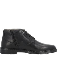 Schwarze Lederstiefel bis zum Knöchel mit Schnürsenkeln und seitlichem Reißverschluss. Strukturierte Akzente im Obermaterial. Robuste Gummisohle, kontrastierende Nähte entlang der Kanten.