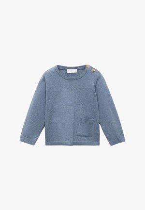 Maglione blu lavorato a maglia con maniche lunghe, collo tondo, taschino sinistro piccolo e tre bottoni decorativi sulla spalla destra.