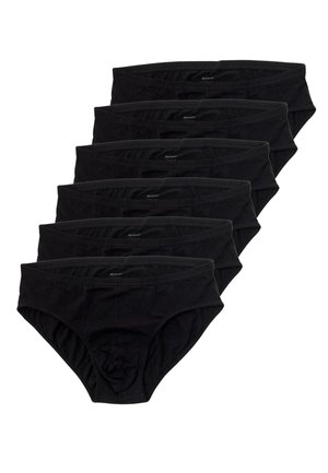 Set di sei slip neri in cotone con cintura elastica e una texture liscia. Il design include una classica gamba alta.