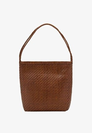 Brown woven tote bag with a structured shape, featuring a single braided handle and a textured, patterned surface.