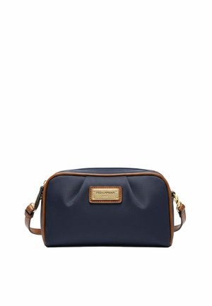 Petit sac bandoulière rectangulaire bleu marine avec finitions marron, ferrures dorées et plaque frontale portant l'inscription « Ted Lapidus Paris ».