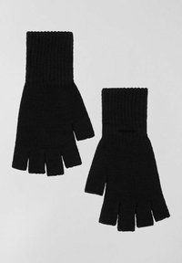 Guanti senza dita in maglia nera con polsini a coste e tessuto texturizzato; progettati per garantire un facile movimento delle mani e calore senza coprire completamente.