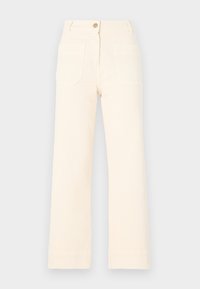 Pantaloni beige a gamba larga in cotone con chiusura frontale a bottone e due grandi tasche posteriori. Tessuto liscio e orlo rifinito.