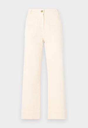 Beige wide-leg trousers made of cotton with a front button closure and two large back pockets. Smooth texture and finished hem.