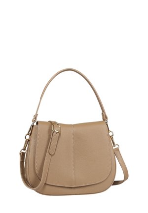 Beige leather shoulder bag with a curved flap, optional long strap, and polished gold hardware. Smooth texture with a subtle grain pattern.