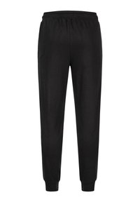 Pantalones jogger con cintura elástica negra, tobillos con puños, ajuste holgado y tejido suave.