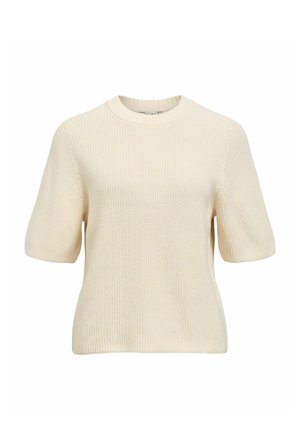 Pull à manches courtes de couleur crème, en tissu tricoté texturé. Présente un col rond et une coupe décontractée. Sans motifs ni accessoires métalliques.