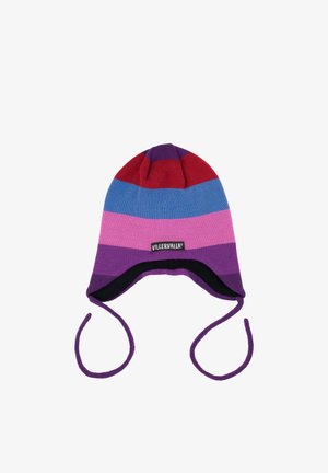 Gebreide muts met meerkleurige strepen: rood, blauw, roze, paars en zwarte voering. Voorzien van oorflappen en bindbandjes voor een stevige pasvorm.