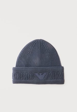 Tumehall triibuline kampsunist müts voltidega, mille esiküljel on reljeefne "EMPORIO ARMANI" tekst ja kotkalogo.