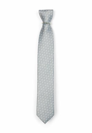 Hellblaues Geschenkband aus strukturiertem Stoff mit einem dezenten Muster kleiner weißer Punkte. Mit einem silbernen Krawattenclip am Knoten.