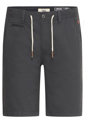 Férfi sötétszürke pamut rövidnadrág, puha tapintással, gombos zárással, állítható zsinórral és oldalsó zsebekkel. Egyszerű dizájn, minimális díszítéssel.