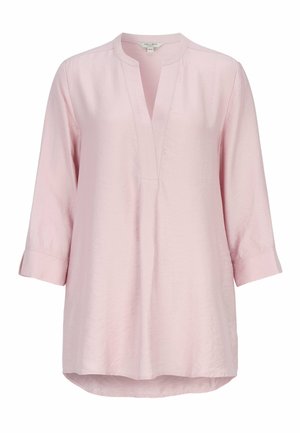 Hellrosa Langarm-Tunika mit Stehkragen und V-förmigem Ausschnitt, mit lockerem Schnitt und leicht abgerundetem Saum.