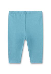 Light blue leggings made of stretch fabric, featuring an elastic waistband and a smooth texture, cut to a mid-thigh length.