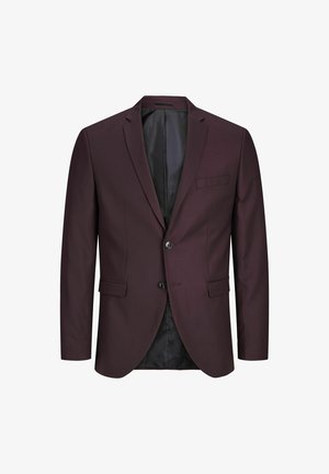 Burgunderfarbener Blazer mit taillierter Passform, Einzelknopfverschluss, Reverskragen und zwei vorderen Taschen. Glatte Textur und schwarze Innenausstattung.