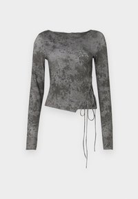 Lange mouwen, grijze cropped top met een gestructureerd patroon en een asymmetrische zoom. Voorzien van zijstrikjes voor het aanpassen van de pasvorm. Glad stoffen afwerking.