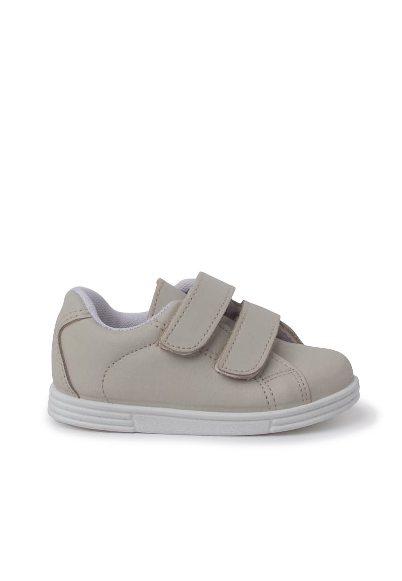 Sneakers beige in velcro con texture liscia, suole in gomma bianca e interno imbottito. Punta arrotondata e design a doppia fascia per una facile chiusura.