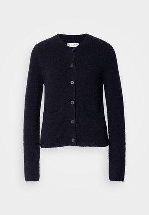 Black textured long-sleeve cardigan with round neck, front button closure, and two front pockets, displayed on plain background.