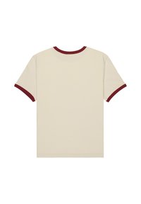 T-shirt en coton crème avec bordure côtelée bordeaux au niveau du col rond et des manches, manches courtes et coupe régulière.