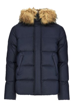 Marineblaue Steppjacke mit einem dicken, gesteppten Design und einer abnehmbaren hellbraunen Kunstfellkapuze. Verfügt über Fronttaschen und einen Reißverschluss.