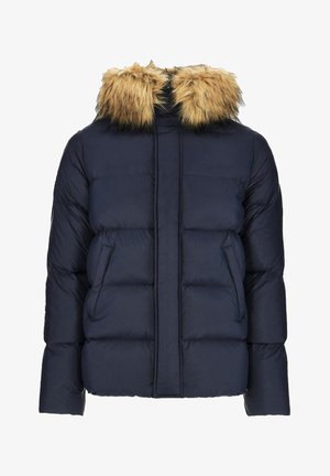 Chaqueta de abrigo de color azul marino con un diseño grueso y acolchado y capucha de piel sintética beige desmontable. Presenta bolsillos delanteros y cierre con cremallera.