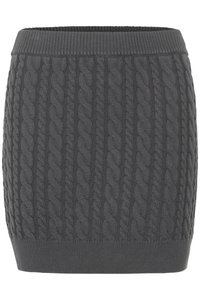 Grå strikket skjørt med ribbestrikket liv. Har et kabelstrikkemønster, tettsittende design, og en jevn tekstur.