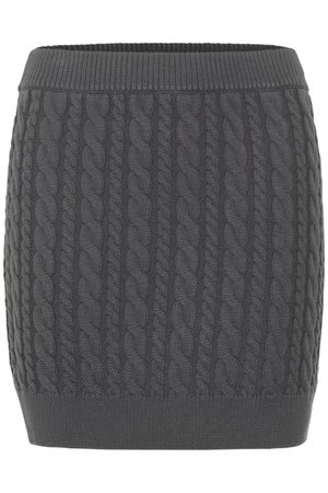 Gonna grigia a maglia con cintura a coste. Caratterizzata da un motivo a trecce, design aderente e una texture liscia.