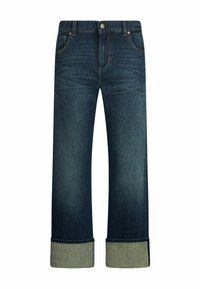 Jeans de mezclilla azul oscuro con un diseño de pierna recta, que presentan un dobladillo en una tela verde de contraste. Cierre de botón con bolsillos estándar.