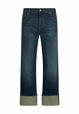 Jeans in denim blu scuro con design a gamba dritta, caratterizzati da un risvolto in un tessuto verde a contrasto. Chiusura con bottone e tasche standard.