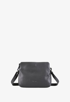 Borsa a spalla in pelle grigia con una superficie liscia, chiusura con zip e tracolla regolabile. Presenta un branding discreto sul davanti.