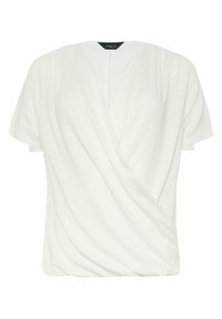 Kurzärmlige weiße Bluse mit V-Ausschnitt im Wickelstil und weichem Stoff, geeignet für Freizeit- oder Berufsbekleidung.