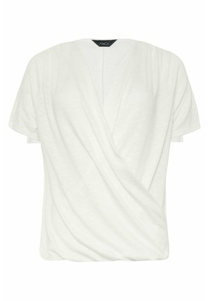 Short-sleeve white blouse with V-neck wrap front and soft fabric texture, suitable for casual or professional wear.