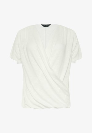 Blusa bianca a maniche corte con scollo a V e chiusura avvolgente, realizzata in un tessuto morbido, adatta per un uso casual o professionale.