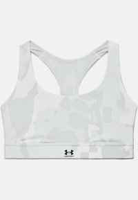 Sostenitore sportivo bianco con motivo mimetico, realizzato in tessuto liscio. Presenta un design a schiena scoperta e un logo nero al centro in basso.