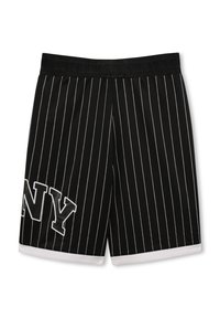Shorts à rayures noires avec une taille blanche et des bordures blanches, présentant un grand "NY" blanc imprimé sur le côté gauche. Texture de tissu lisse.