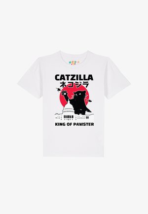Witte katoenen T-shirt met een grafische print van een zwarte kat, helikopters en het Capitool, met de teksten "CATZILLA" en "KING OF PAWSTER."