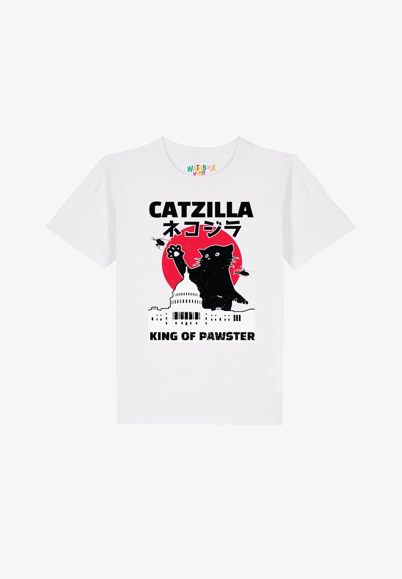 T-shirt en coton blanc avec un imprimé graphique d'un chat noir, d'hélicoptères et du bâtiment du Capitole, avec le texte "CATZILLA" et "ROI DES PATONS."