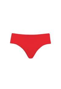 Rotes Bikini-Unterteil mit glatter Textur, moderater Bedeckung und hochgeschnittenem Design. Nahtlose Kanten und keine sichtbaren Muster oder Beschläge.