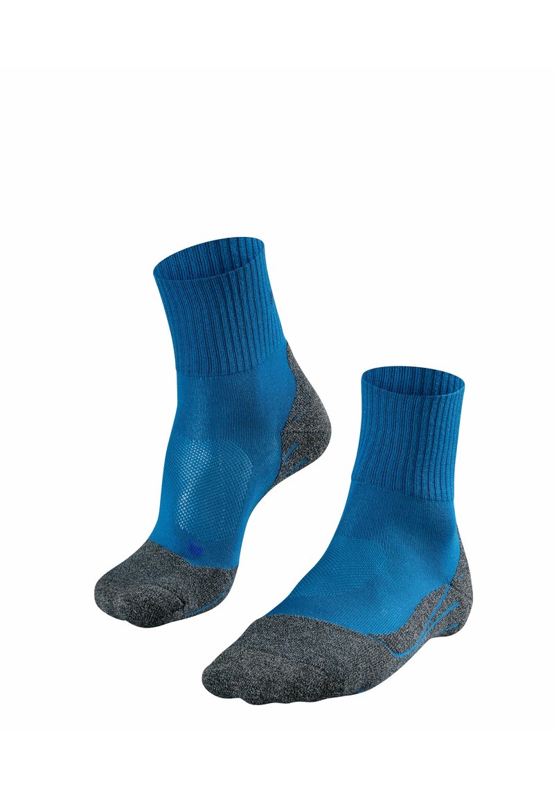 Calcetines deportivos azul y gris con puño acanalado, punta y talón acolchados en gris, y panel de malla para transpirabilidad. Ideales para uso activo.