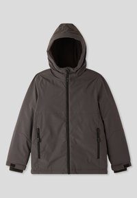 Szara ocieplana kurtka z kapturem, zapinana na zamek z przodu, z dwiema bocznymi kieszeniami na zamek błyskawiczny. Mankiety mają regulowane zapięcia dla lepszego dopasowania.