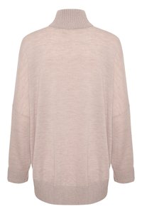 Ljusrosa oversized tröja med hög krage, ribbade mudd och nederkant, som har en mjuk textur och en avslappnad silhuett.