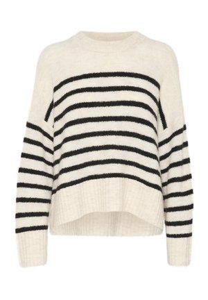 Cremfarbener und schwarzer gestreifter Pullover aus weichem Material, mit geripptem Saum und überschnittenen Schultern, in lockerer Passform und cropped Länge.