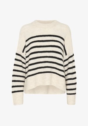 Crème en zwart gestreepte trui, gemaakt van zacht materiaal, met een geribbelde zoom en zachte schouders, met een relaxte pasvorm en een cropped lengte.