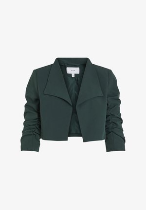 Kuttet grønn jakke med brede knapper, rynkete ermer og glatt stoff. Åpen front uten lukking, designet for hverdagsbruk.