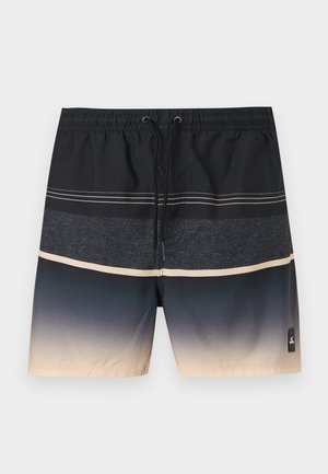 Muške kupaće hlače s elastičnim pojasom i vezicama, s crnim, tamnosivim i bež horizontalnim prugama u bojnom prijelazu.