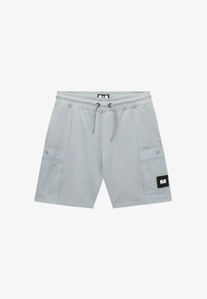 Lichtgrijze casual shorts met een elastische tailleband, trekkoord, gestructureerde zijzakken en een klein zwart label op de rechterzak.