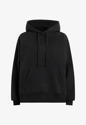 Sudadera con capucha negra, con un bolsillo canguro frontal, puños y dobladillo acanalados, y logotipo en relieve en el pecho. Fabricada con tejido suave.